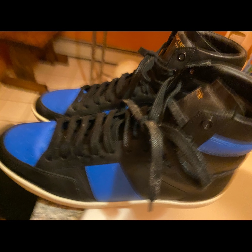 - Saint Laurent Leather High-Top Sneaker, Black/Blue - Picture 3 of 10